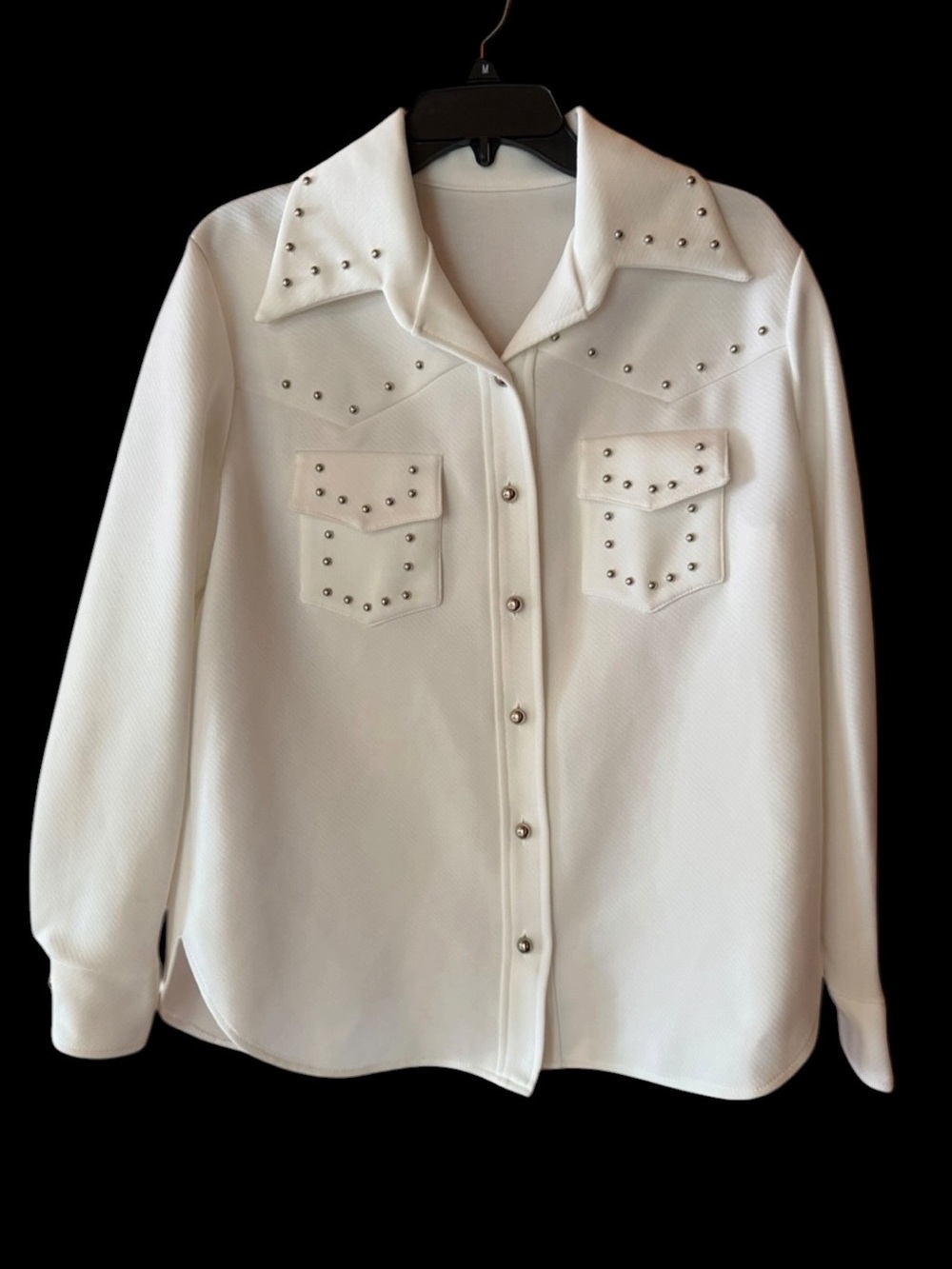 1970s Double Poly Knit Silver Metal Dome Studded Dagger Collar Button Down Shirt